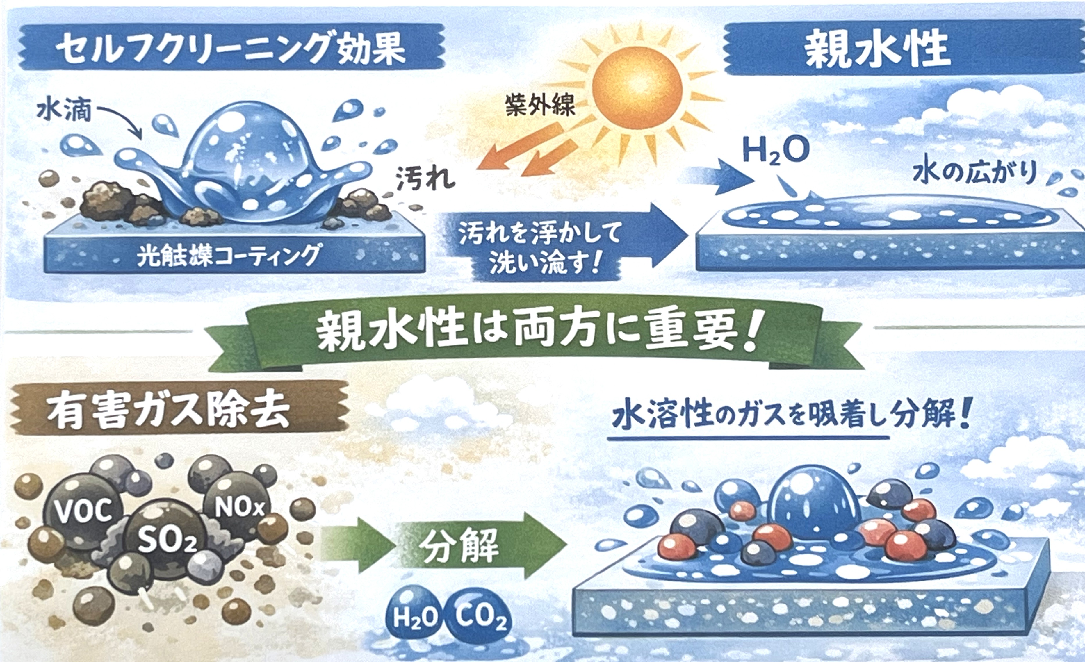 光触媒の親水性は内外装で機能を得るために必須の性質